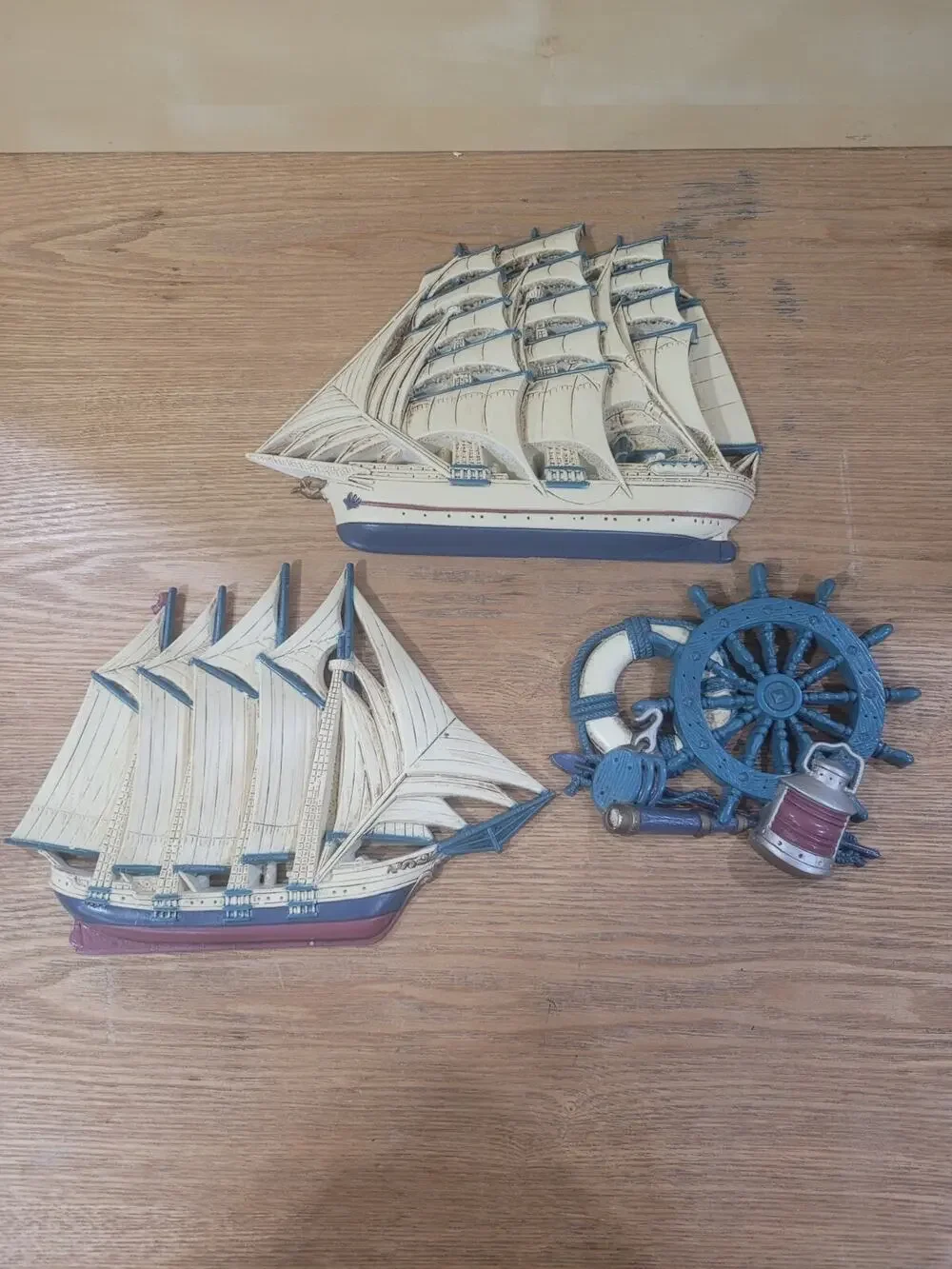 Vtg Nautical Clipper Ships And Sailboat Wheel Wall Decor Burwood USA Set Of 3